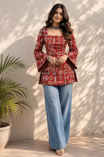 Red cotton blend printed short kurtis