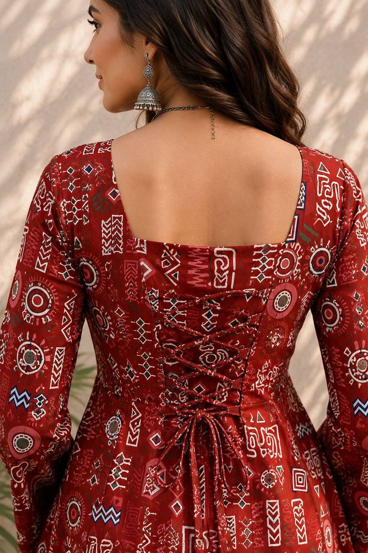 Red cotton blend printed short kurtis