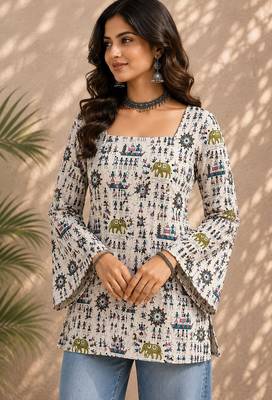 Ivory cotton blend printed short kurtis 1