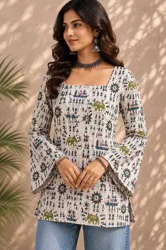 Ivory cotton blend printed short kurtis