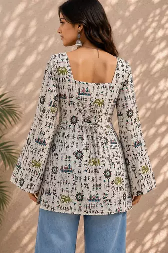 Ivory cotton blend printed short kurtis