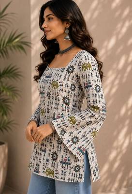 Ivory cotton blend printed short kurtis 3
