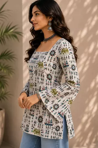 Ivory cotton blend printed short kurtis