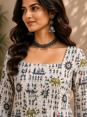 Ivory cotton blend printed short kurtis 5