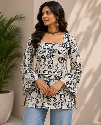 White cotton blend printed short kurtis 1