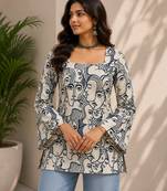 White cotton blend printed short kurtis