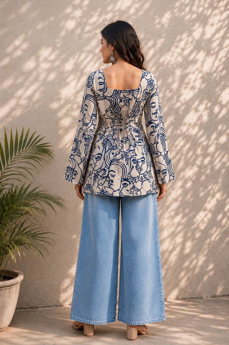 White cotton blend printed short kurtis