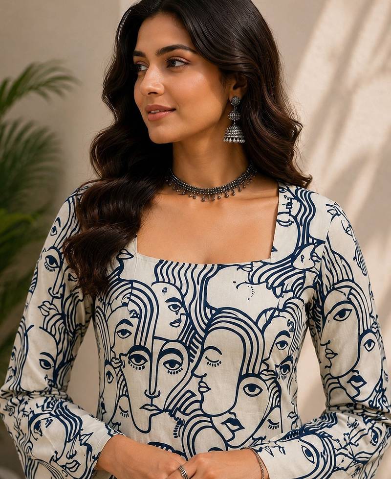 White cotton blend printed short kurtis