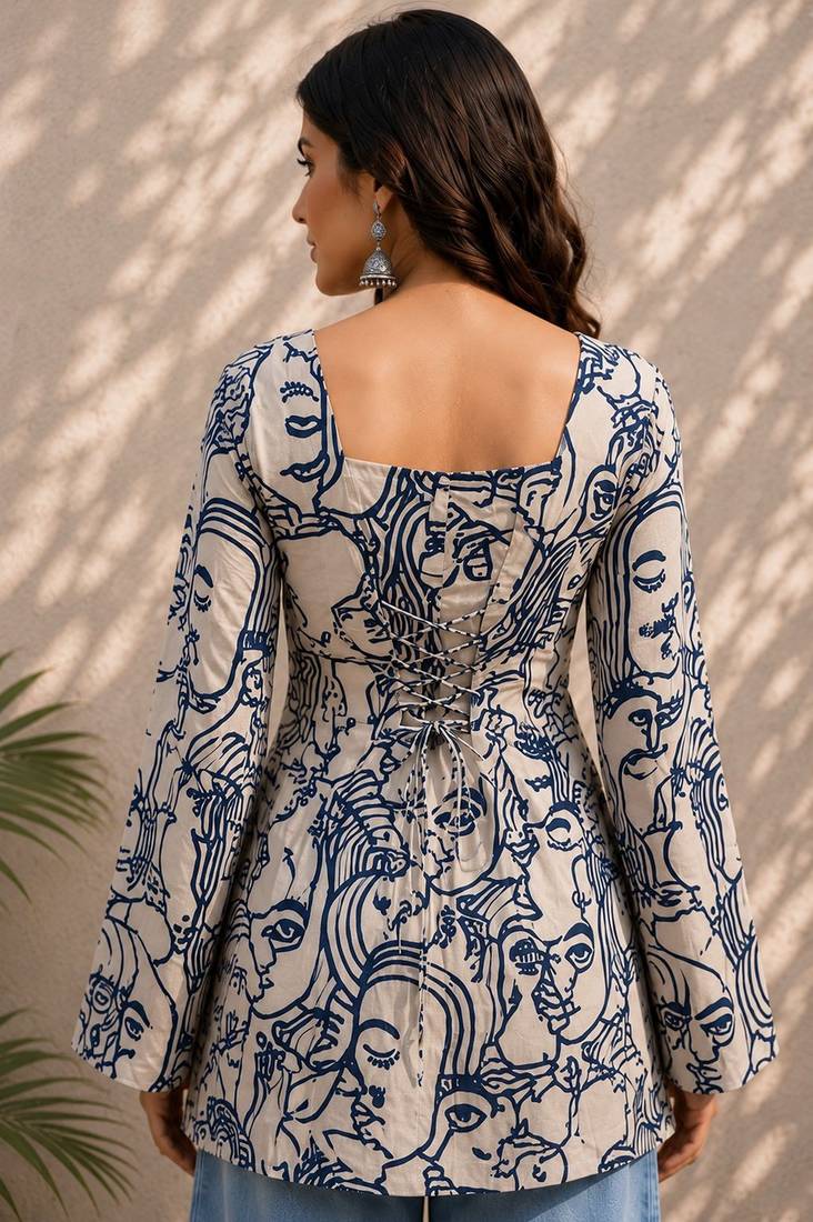 White cotton blend printed short kurtis