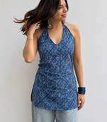 Blue cotton blend printed short kurtis
