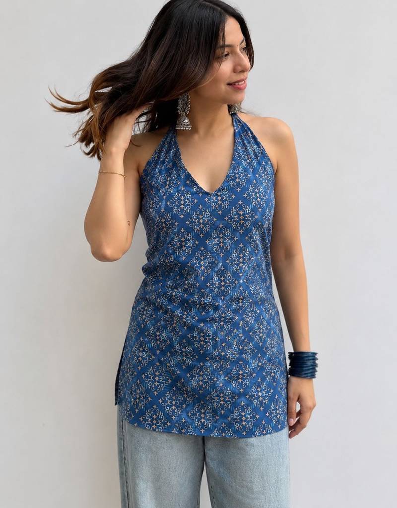 Blue cotton blend printed short kurtis