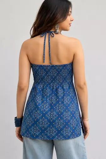 Blue cotton blend printed short kurtis