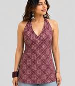 Maroon cotton blend printed short kurtis