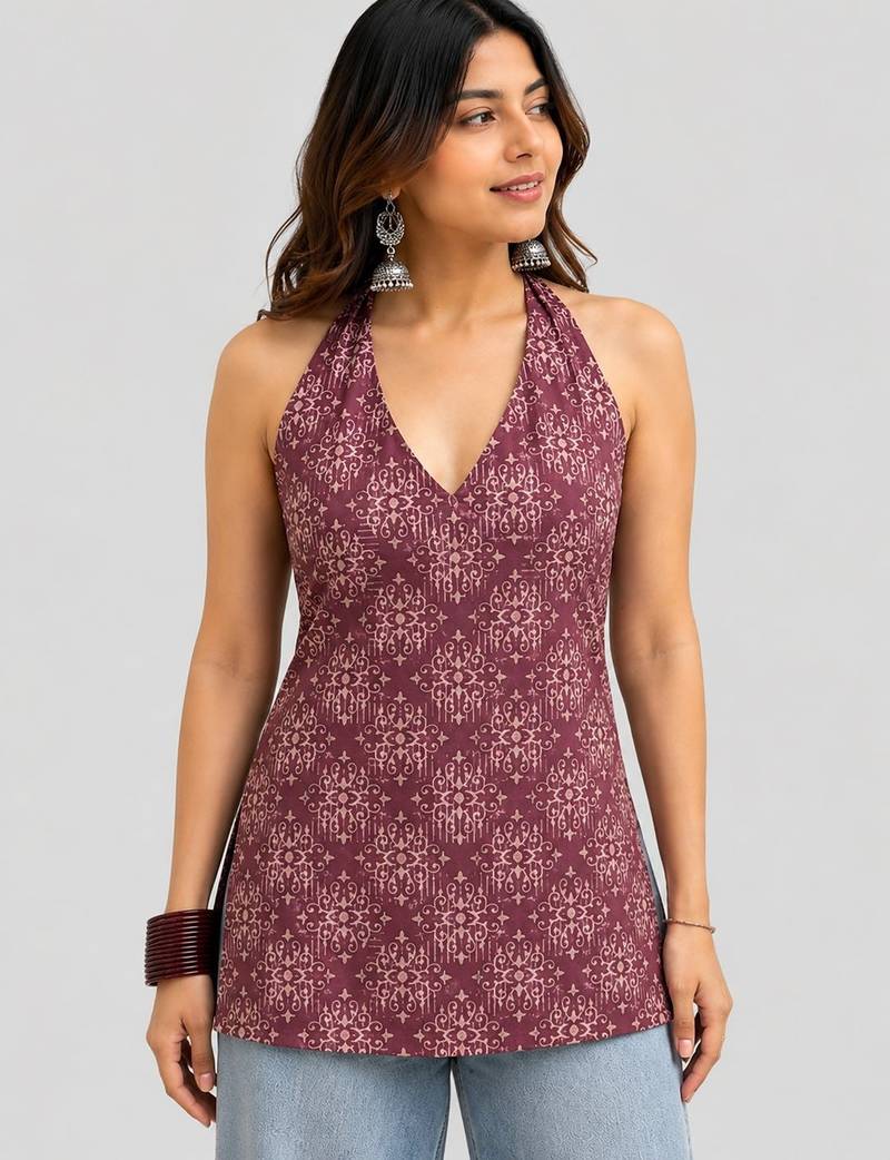 Maroon cotton blend printed short kurtis