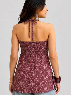 Maroon cotton blend printed short kurtis 2