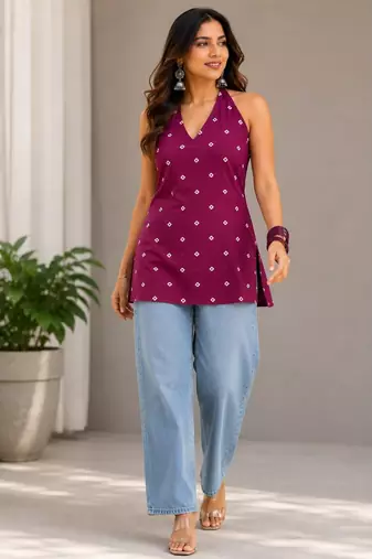 Wine cotton blend printed short kurtis
