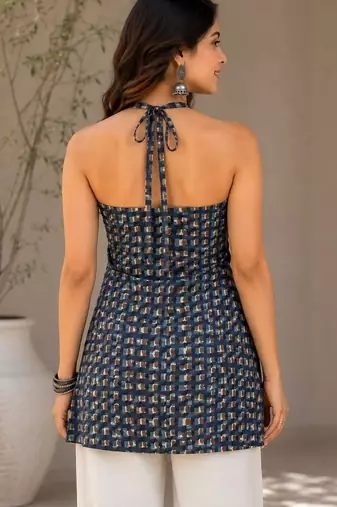 Blue cotton blend printed short kurtis