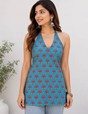 Blue cotton blend printed short kurtis 1