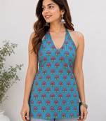 Blue cotton blend printed short kurtis