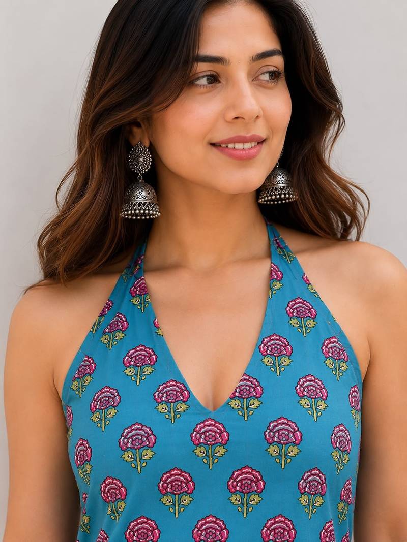Blue cotton blend printed short kurtis
