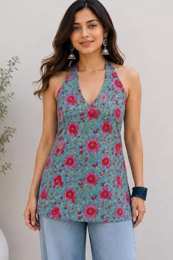 Blue cotton blend printed short kurtis