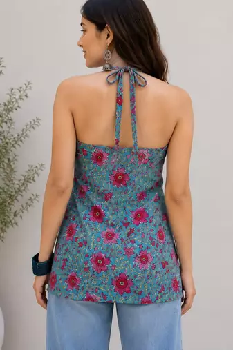Blue cotton blend printed short kurtis