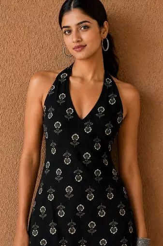 Black cotton blend printed short kurtis