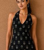 Black cotton blend printed short kurtis
