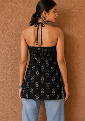 Black cotton blend printed short kurtis 2