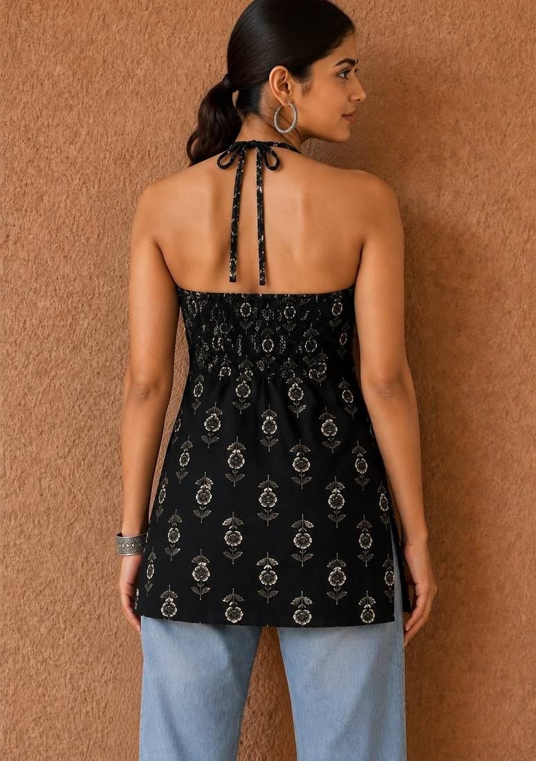 Black cotton blend printed short kurtis