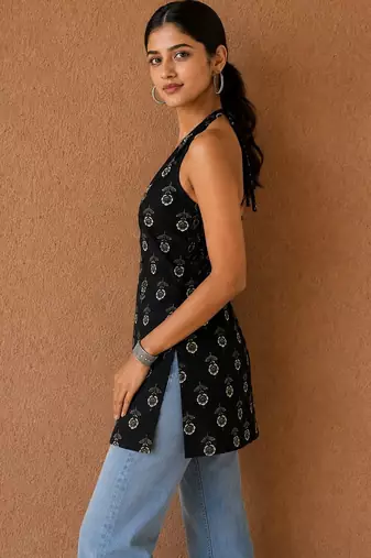 Black cotton blend printed short kurtis