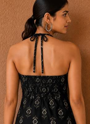 Black cotton blend printed short kurtis 4
