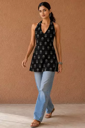 Black cotton blend printed short kurtis