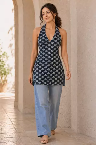 Pink cotton blend printed short kurtis