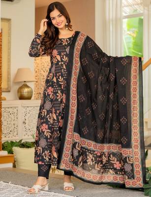 Black blended cotton printed kurta sets 1