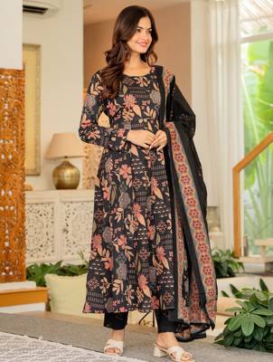 Black blended cotton printed kurta sets 2