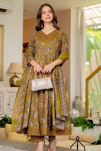 Mustard blended cotton printed kurta sets