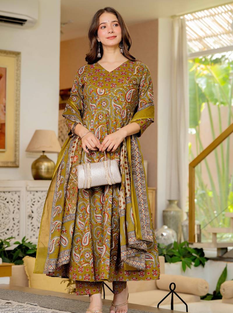 Mustard blended cotton printed kurta sets