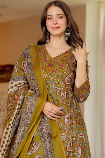 Mustard blended cotton printed kurta sets
