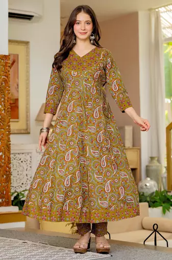 Mustard blended cotton printed kurta sets