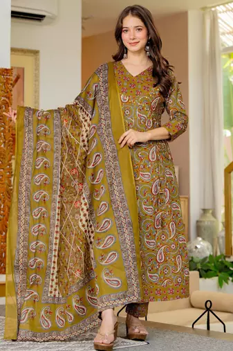 Mustard blended cotton printed kurta sets