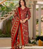 Red blended cotton printed kurta sets