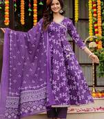 Purple blended cotton printed kurta sets