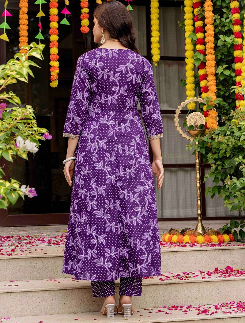 Purple blended cotton printed kurta sets