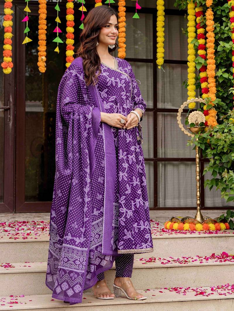 Purple blended cotton printed kurta sets