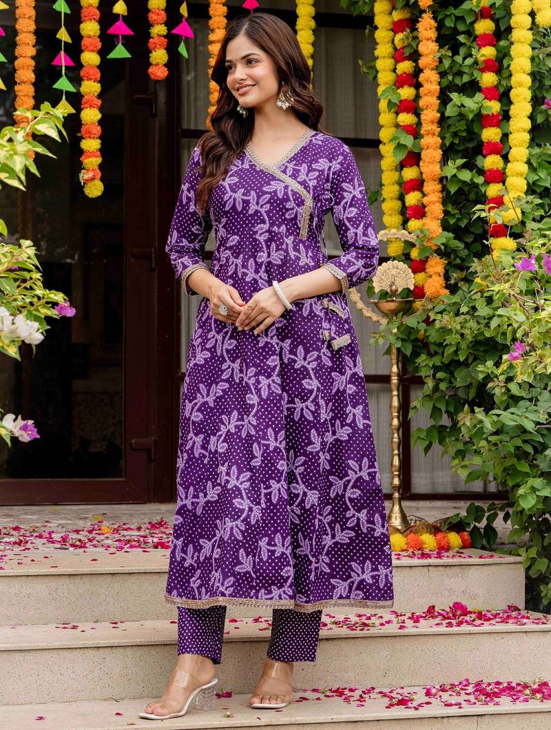 Purple blended cotton printed kurta sets