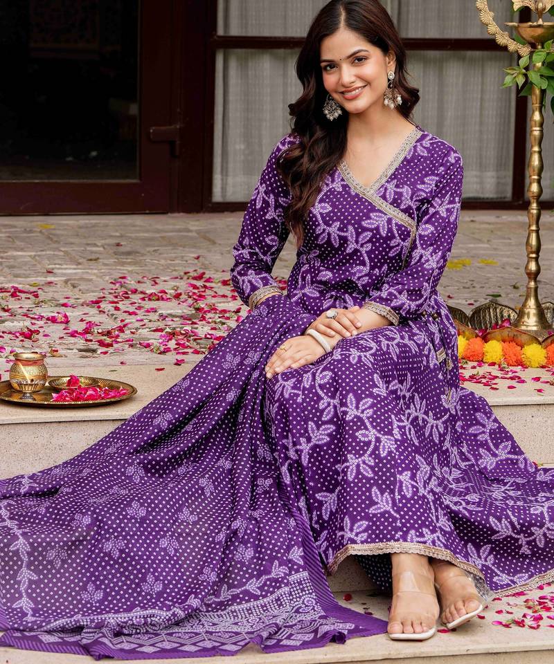 Purple blended cotton printed kurta sets