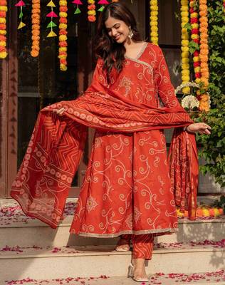 Orange blended cotton printed kurta sets 1