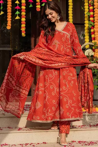 Orange blended cotton printed kurta sets