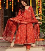 Orange blended cotton printed kurta sets